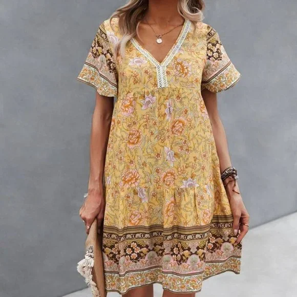 Yellow multi print Floral Smock Dress - Picture 3 of 6